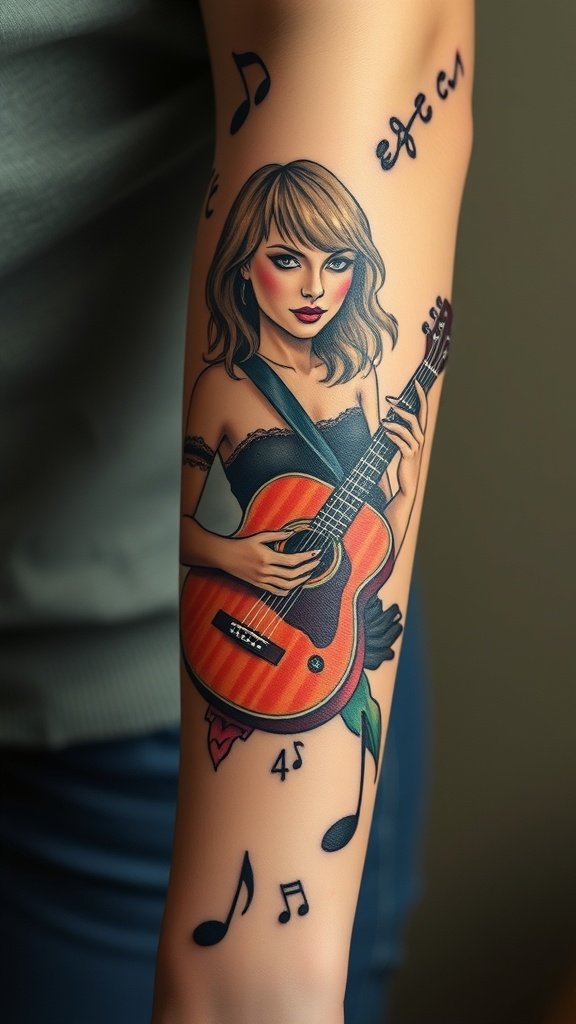 A colorful tattoo of a female musician with a guitar, surrounded by musical notes.