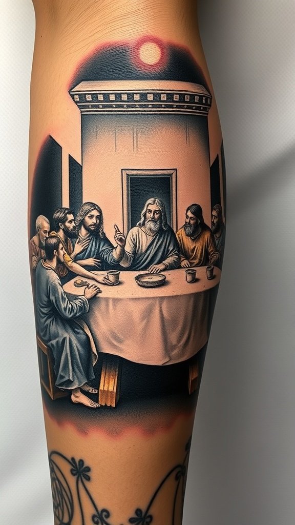 Tattoo of The Last Supper by Leonardo da Vinci on a person's leg.