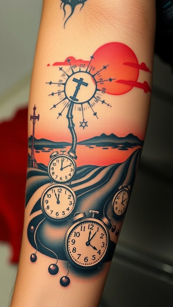 Tattoo inspired by Salvador Dalí's The Persistence of Memory featuring melting clocks and a sunset.