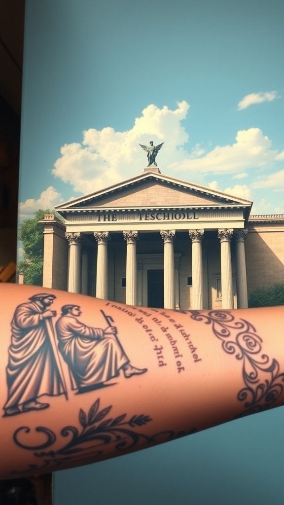 Tattoo inspired by The School of Athens by Raphael, featuring philosophers on a forearm.