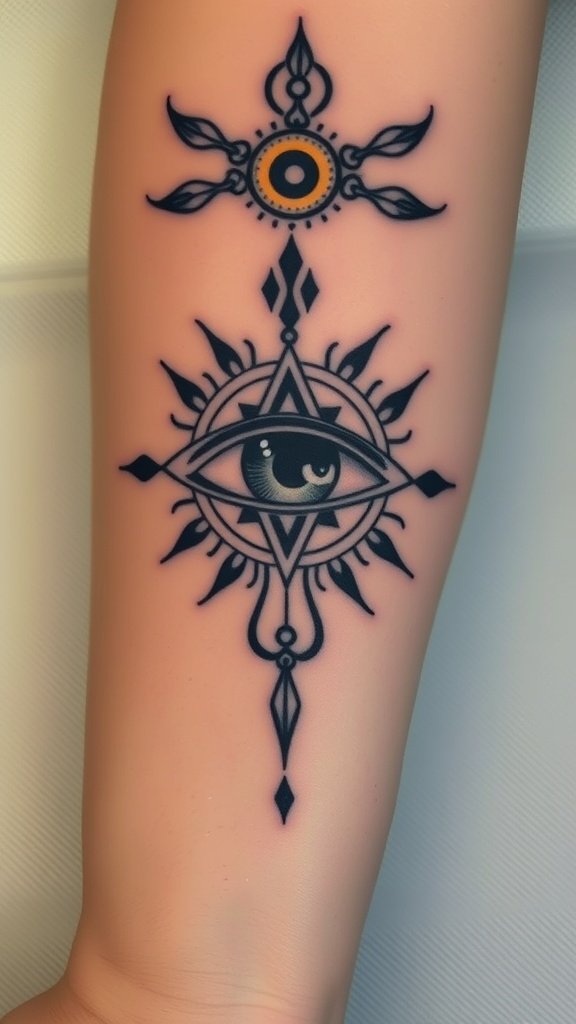 Tattoo design featuring a third eye symbol with intricate patterns.