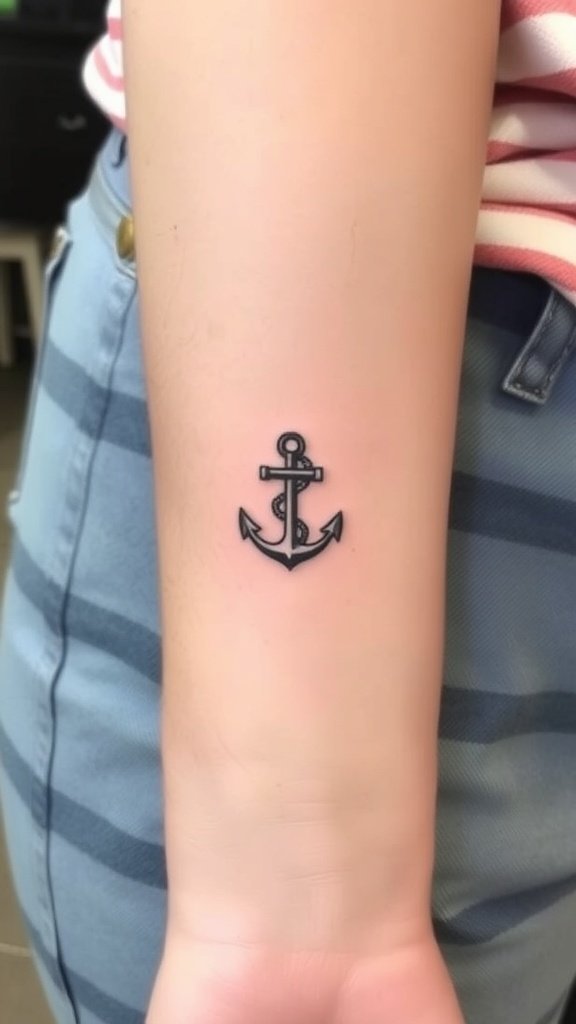 A small black anchor tattoo on a person's hand.