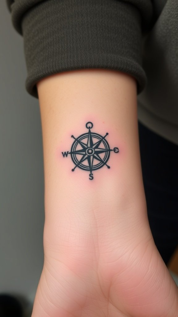 Tiny compass tattoo with an infinity symbol on a wrist
