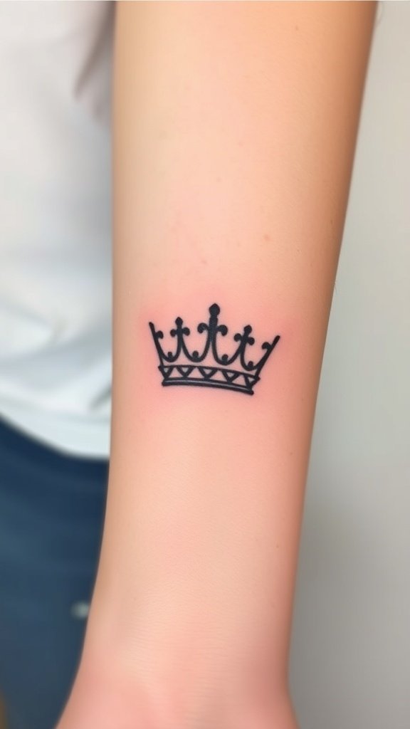 A hand with a tiny crown tattoo on the finger.