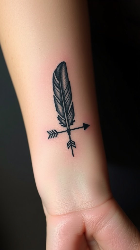 A small tattoo featuring a feather and an arrow.