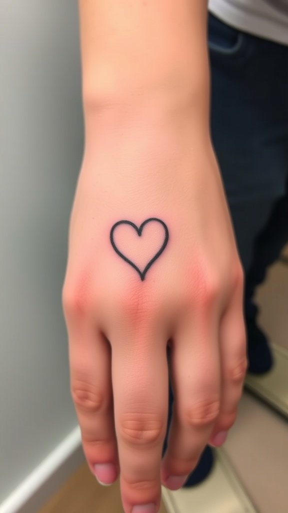 A tiny heart outline tattoo on a person's hand.
