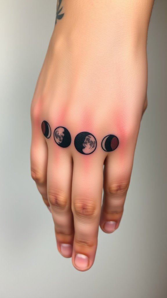 A hand with tiny moon phase tattoos on the fingers.