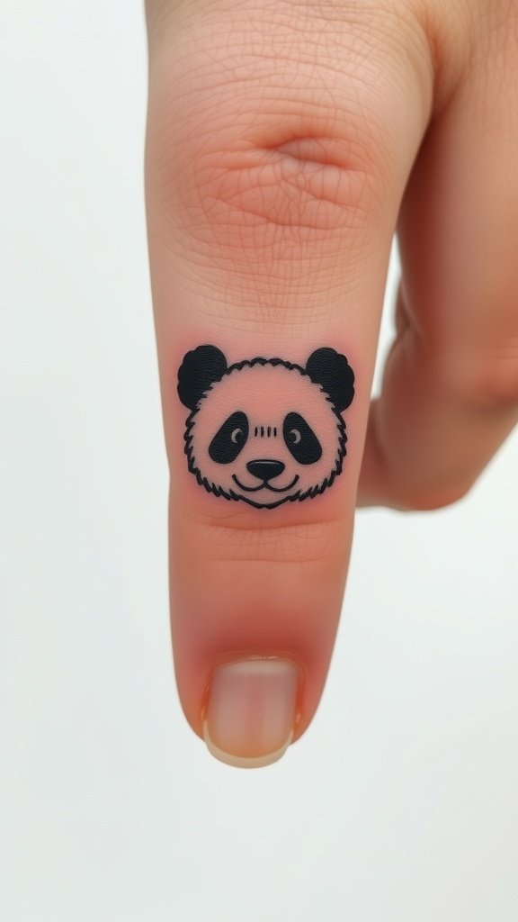 Minimalist tattoo of a panda face on a finger