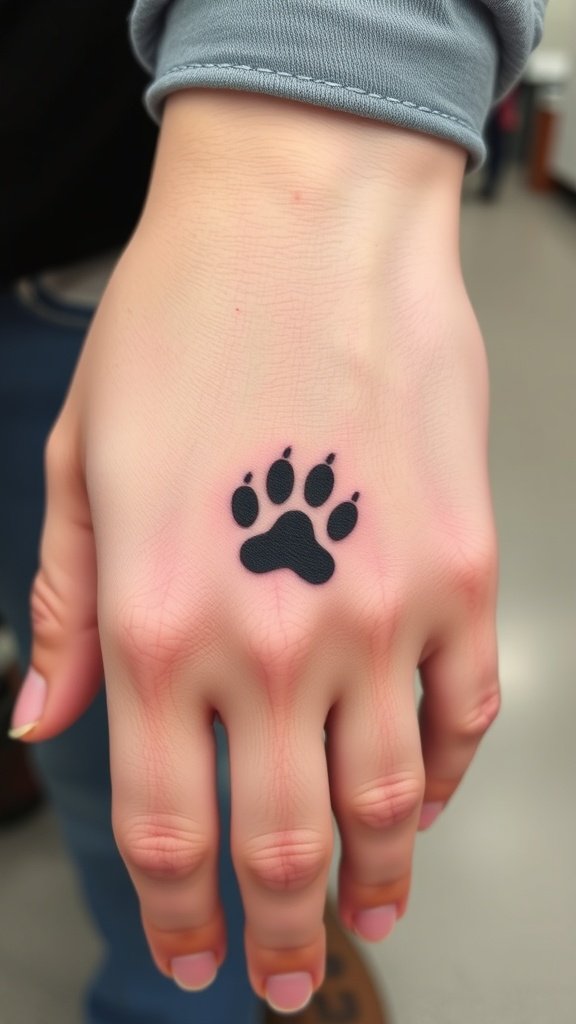 A hand with a tiny black paw print tattoo on the palm.