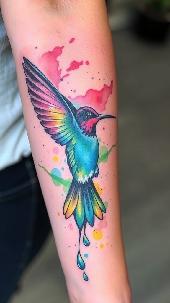 A colorful hummingbird tattoo in flight with flowers and splashes of color.