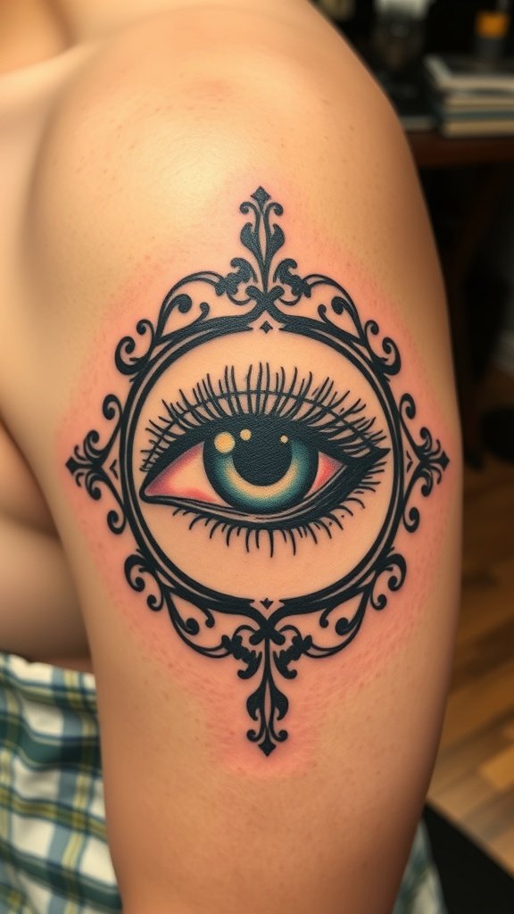 A vintage eye tattoo design on a person's shoulder.