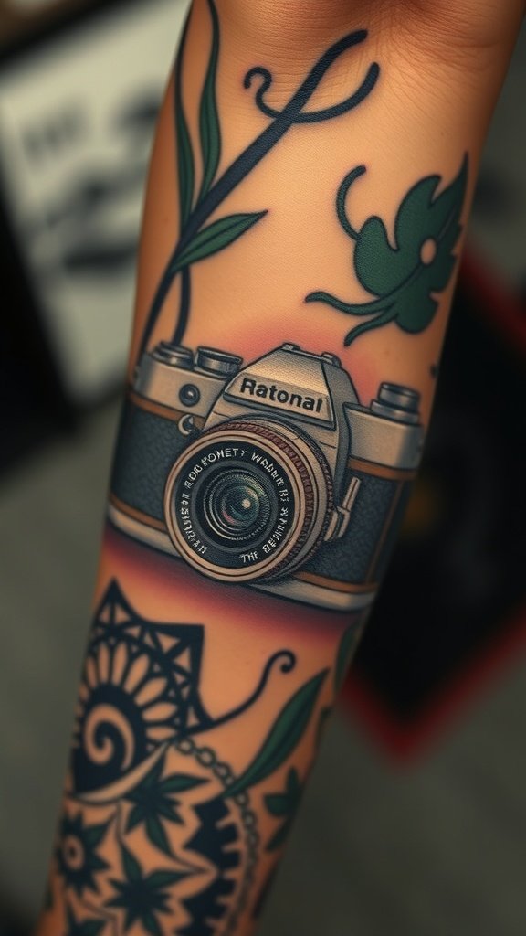 A vintage film camera tattoo on a person's forearm, surrounded by floral designs.