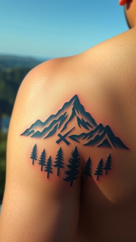 Vintage style mountain tattoo on a shoulder