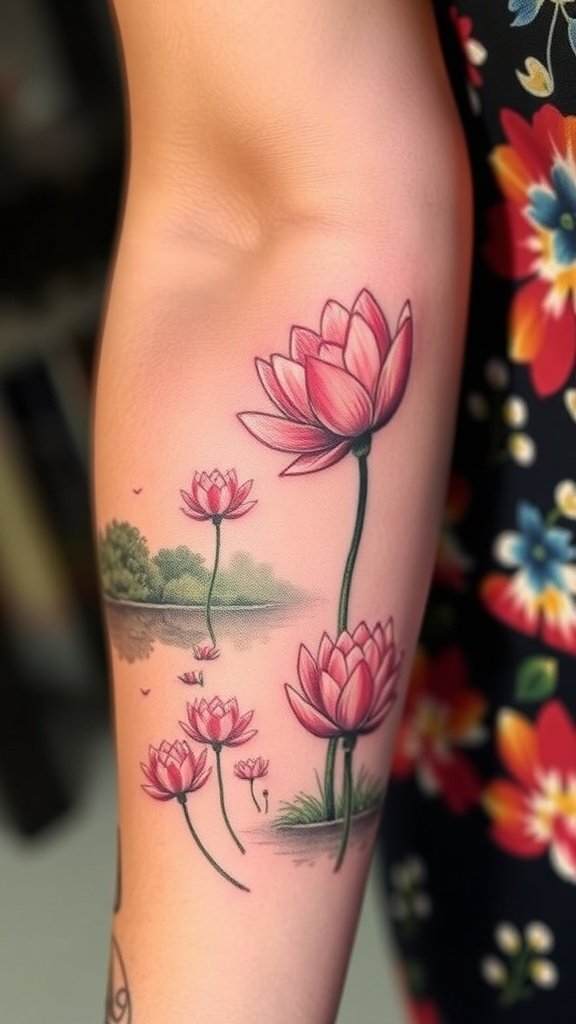 A tattoo of pink water lilies on an arm, inspired by Claude Monet's artwork.