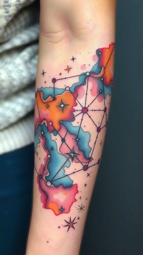 A colorful watercolor tattoo of a constellation map on an arm.