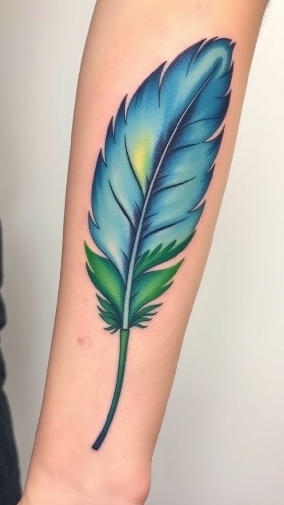 A vibrant watercolor feather tattoo featuring shades of blue and green.