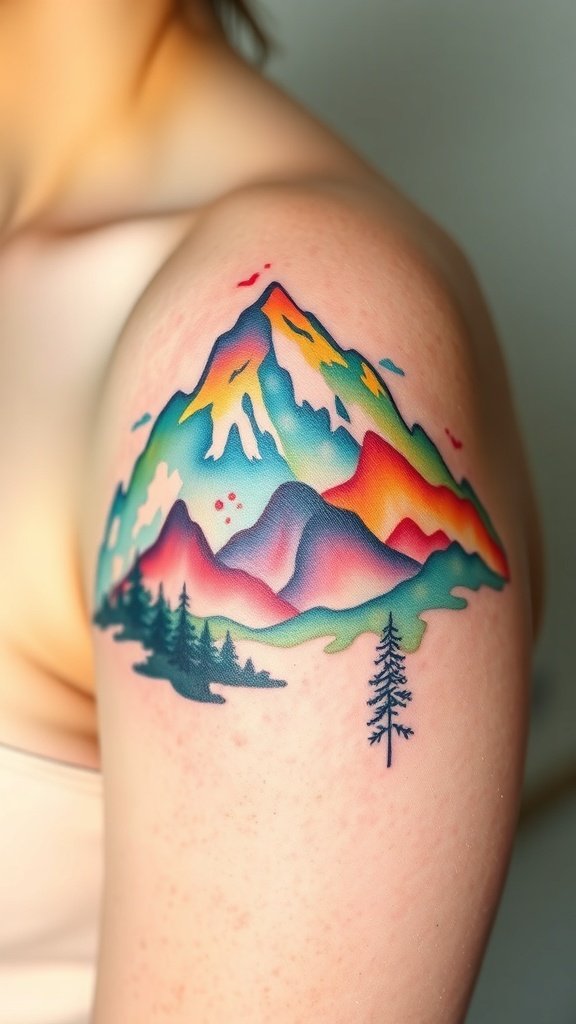 Colorful watercolor mountain tattoo on shoulder