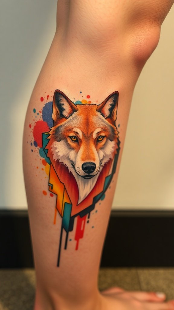 A colorful watercolor polygonal wolf tattoo on a leg