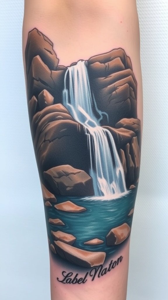 A detailed tattoo of a waterfall cascading over rocks into a blue pool.