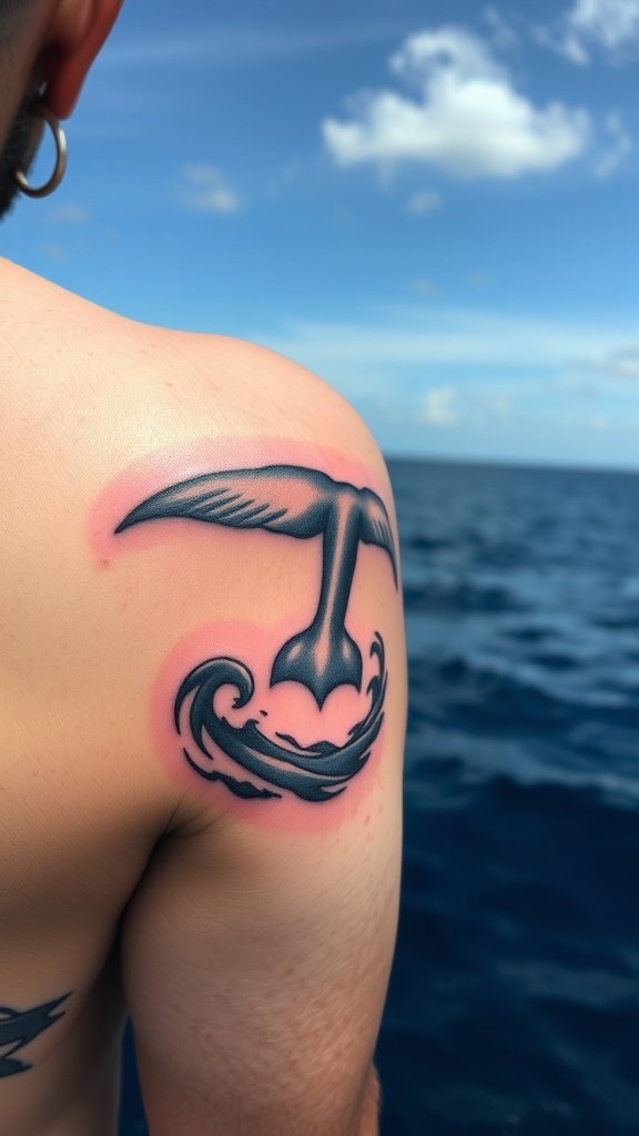 A whale tail tattoo on a person's shoulder with ocean waves in the background.