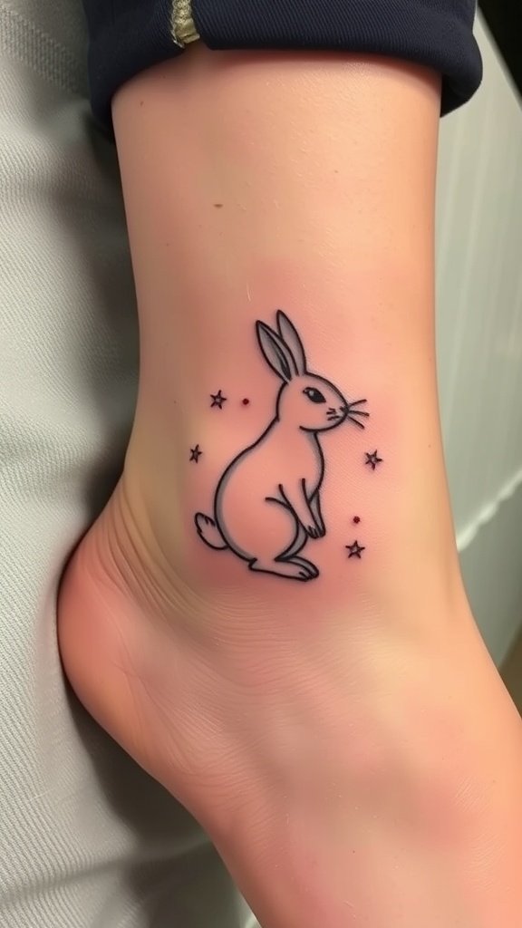 Minimalist outline tattoo of a rabbit with stars
