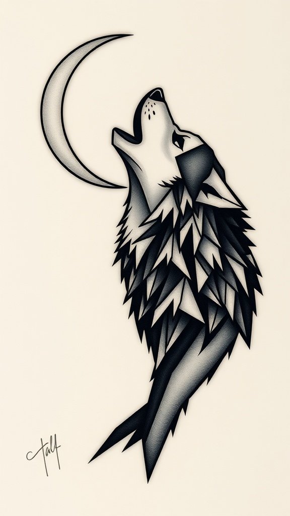 Polygonal tattoo of a wolf howling at the moon