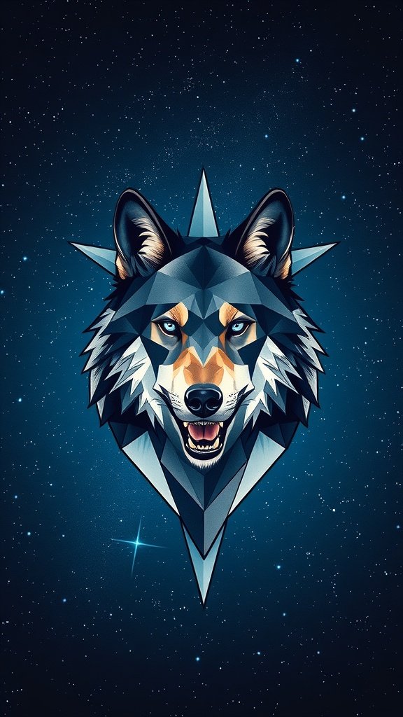 A geometric wolf tattoo with sharp lines and a modern design.