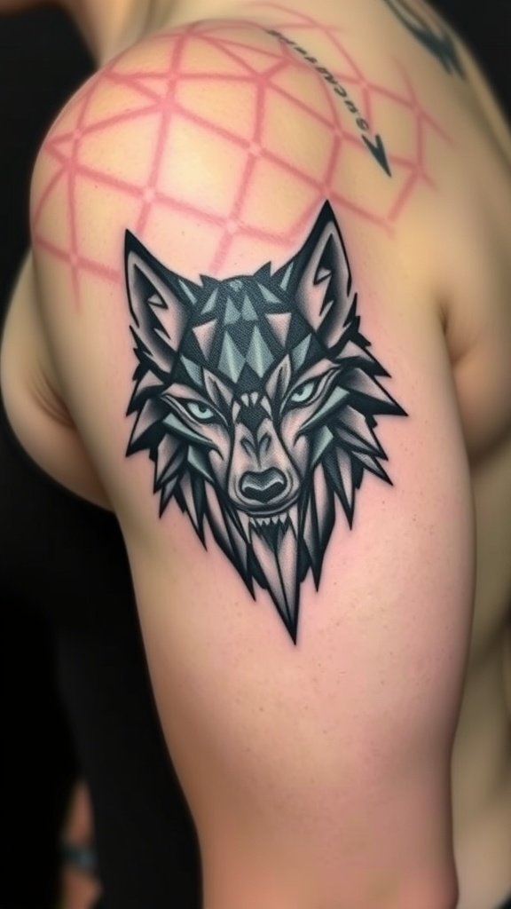 A polygonal wolf mask tattoo on a person's shoulder.