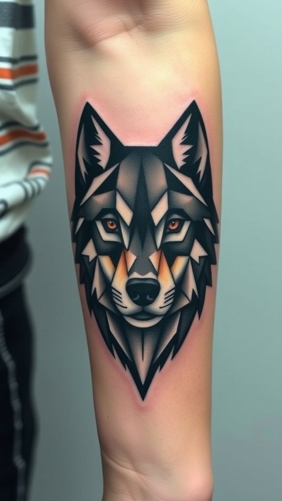 A polygonal wolf tattoo featuring sharp geometric shapes and bold lines.
