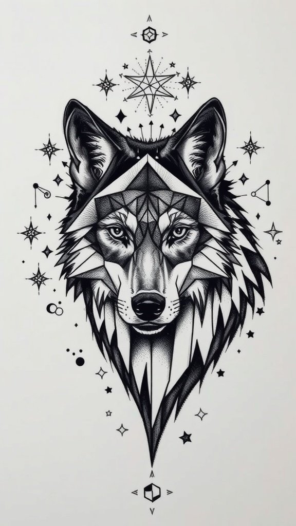 Polygonal wolf tattoo with floral designs on a person's shoulder.