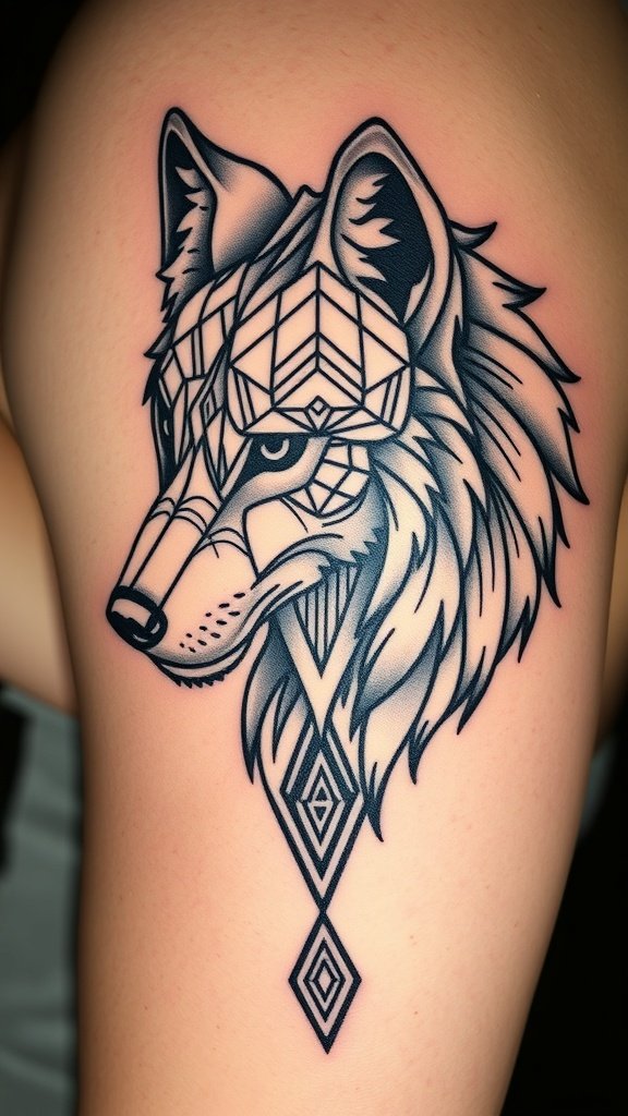 Geometric wolf tattoo on a woman's chest