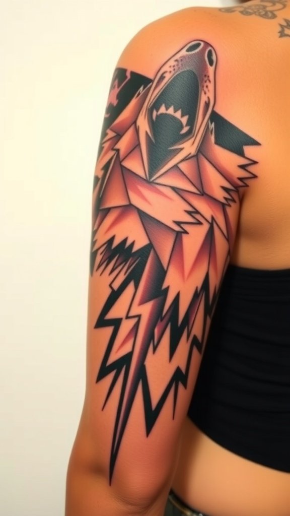 Polygonal wolf tattoo with lightning bolt design on shoulder
