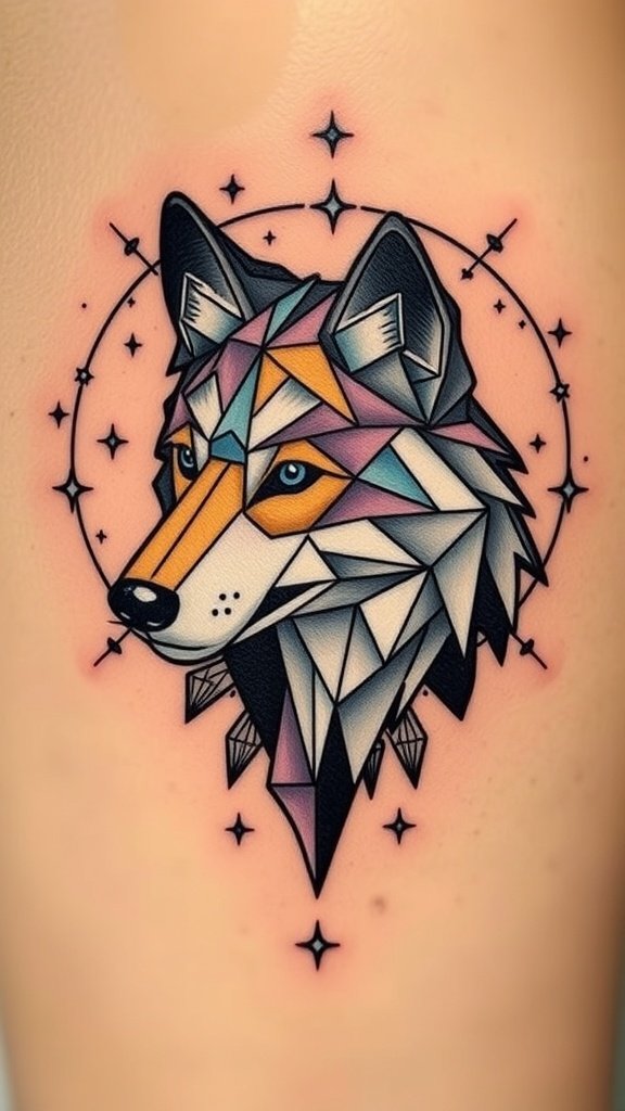 Polygonal wolf tattoo with stars and constellations on a person's back