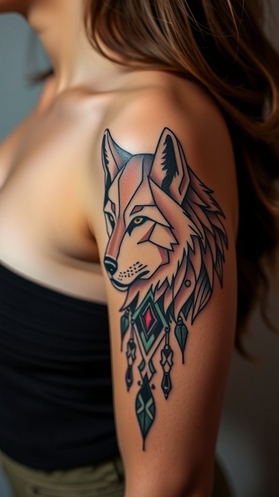 A close-up of a wolf tattoo featuring tribal elements and geometric shapes on a person's arm.