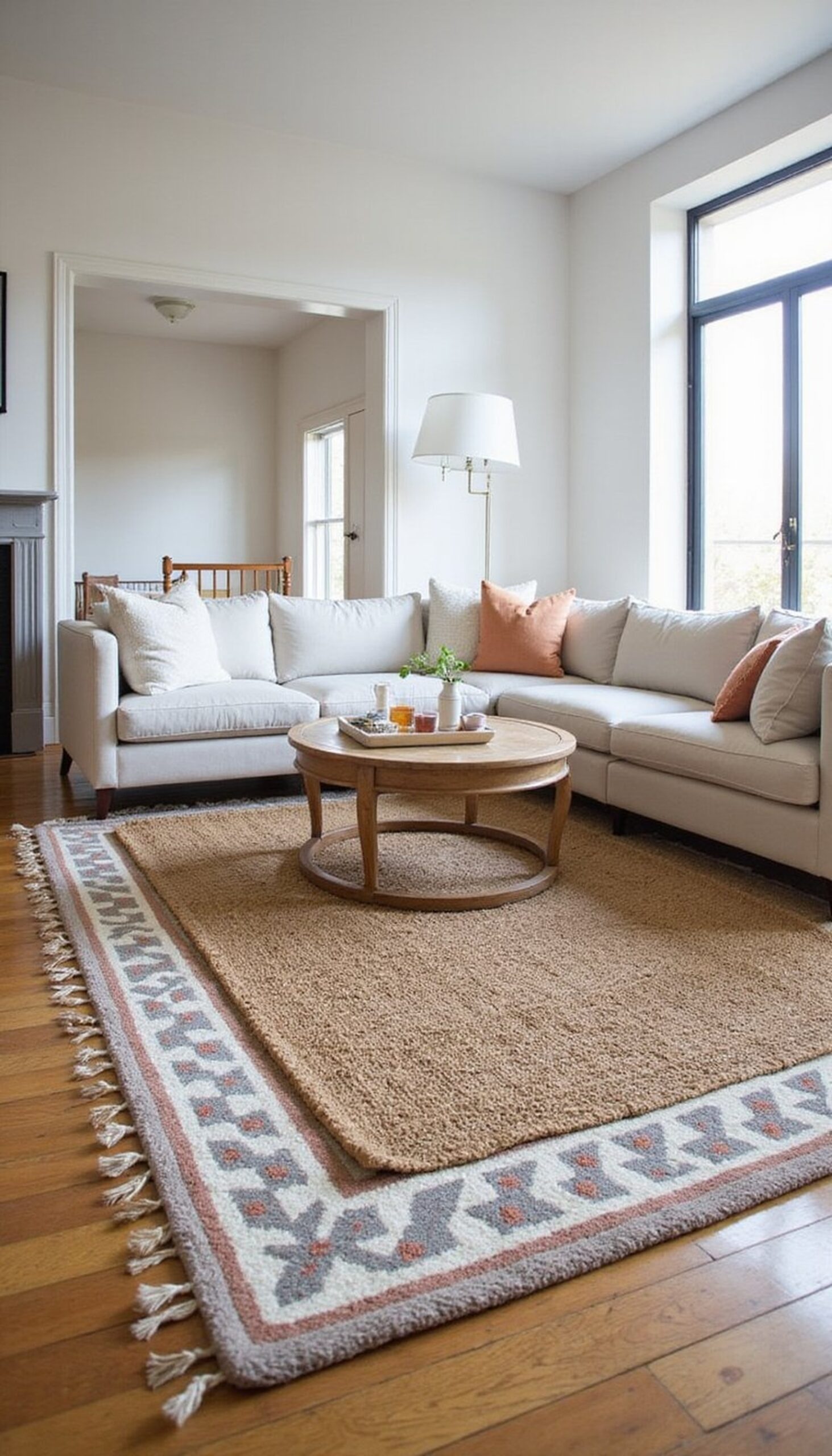 Layered rugs to define open-plan spaces