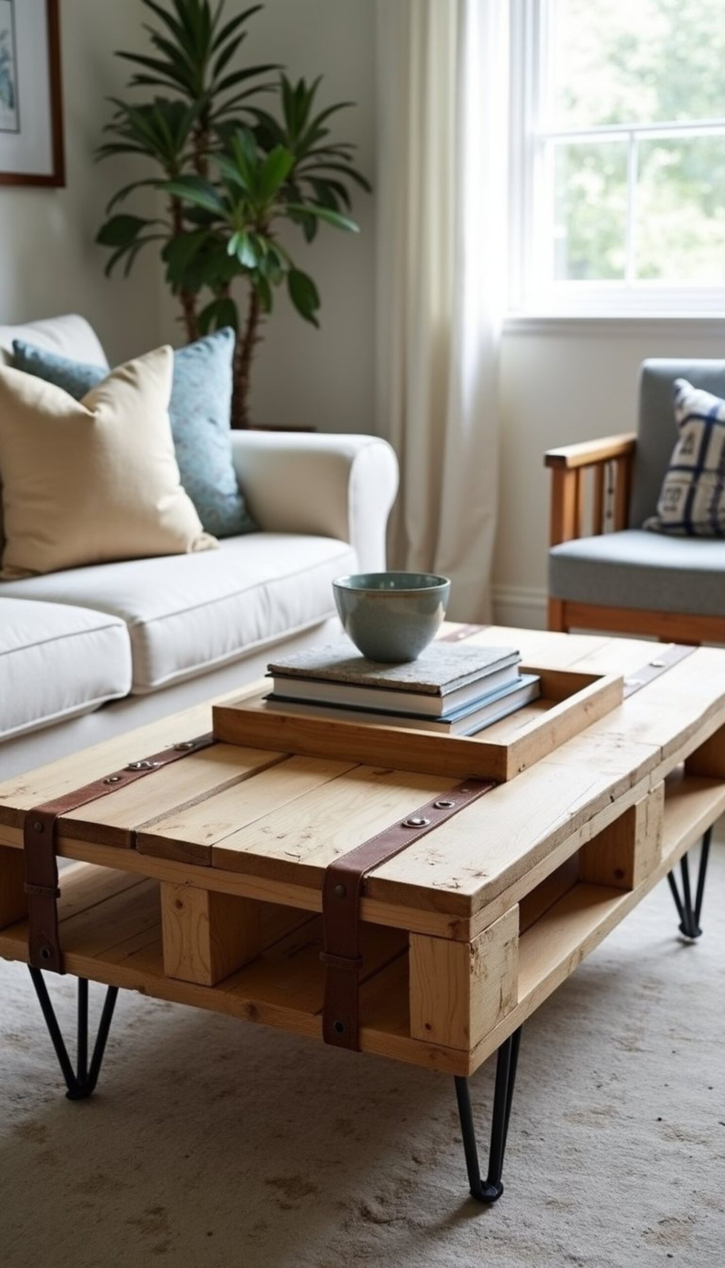Pallet coffee table with leather straps