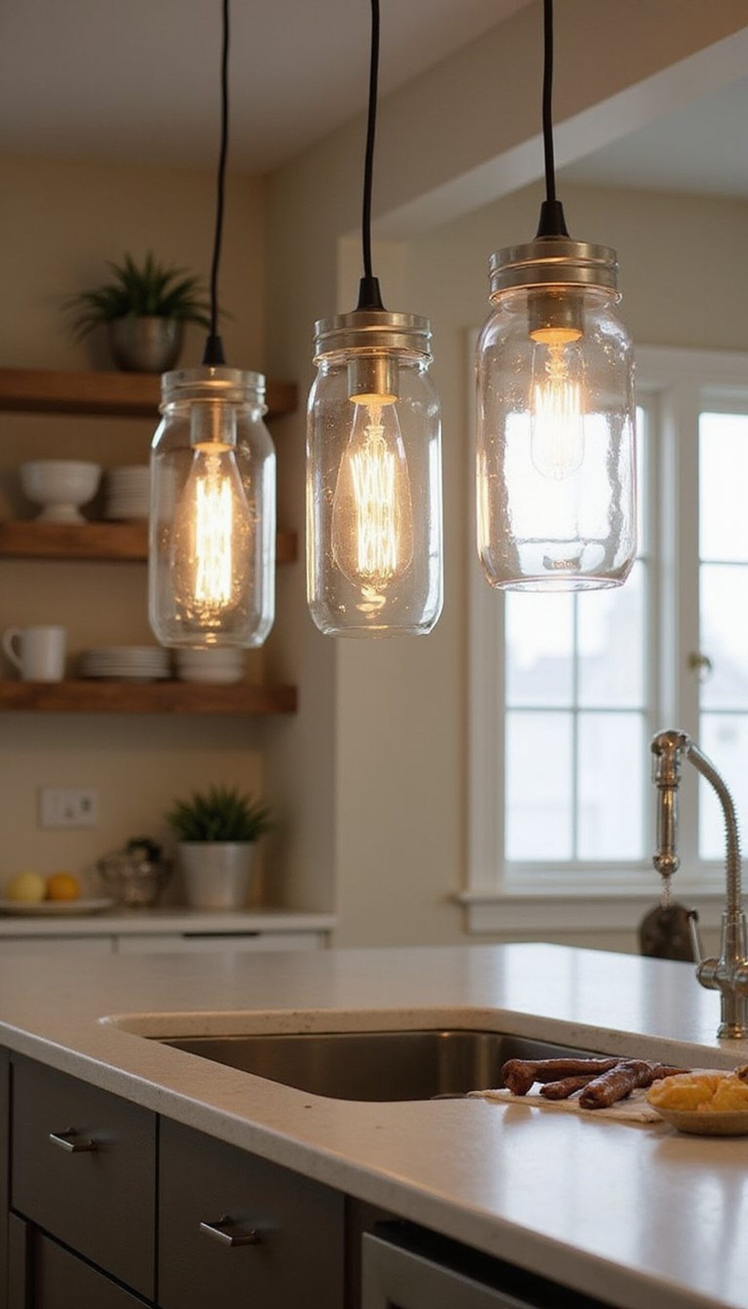 Recycled jar pendant lights for kitchen islands