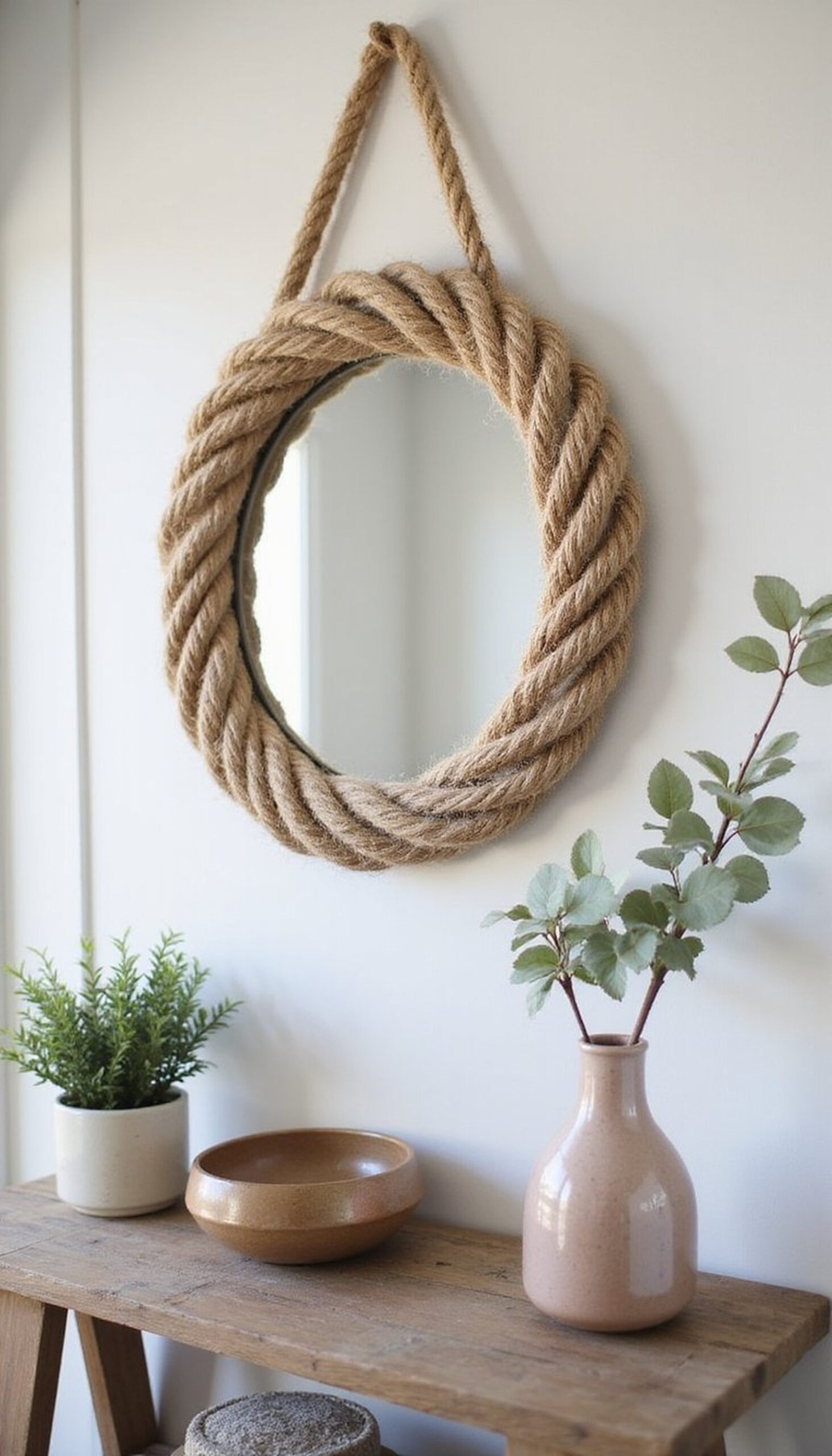 Rope-wrapped mirror brings texture and warmth