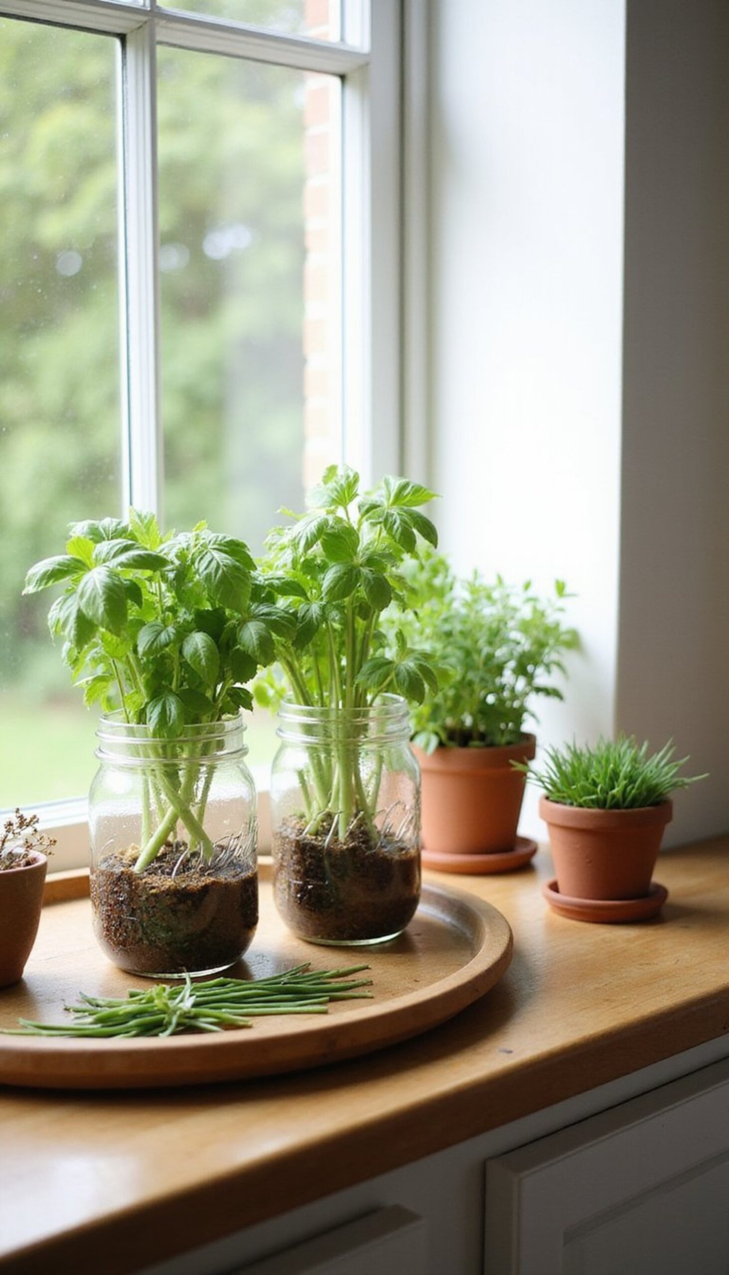 Small indoor herb garden on a windowsill