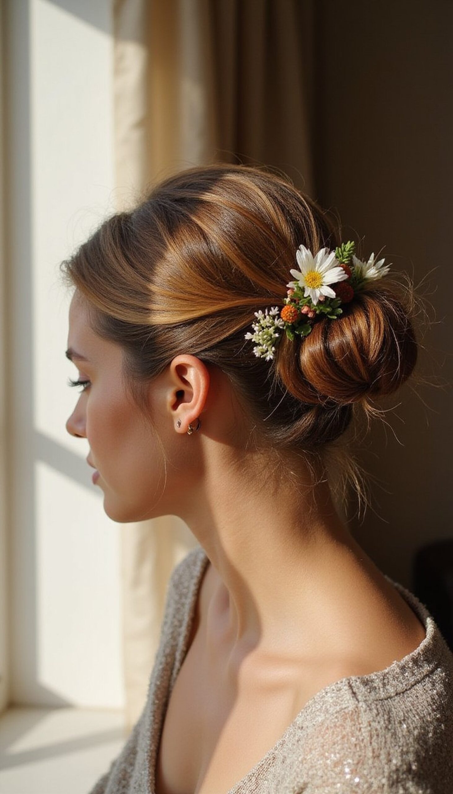 Low Knotted Bun Adorned With Fresh Flowers