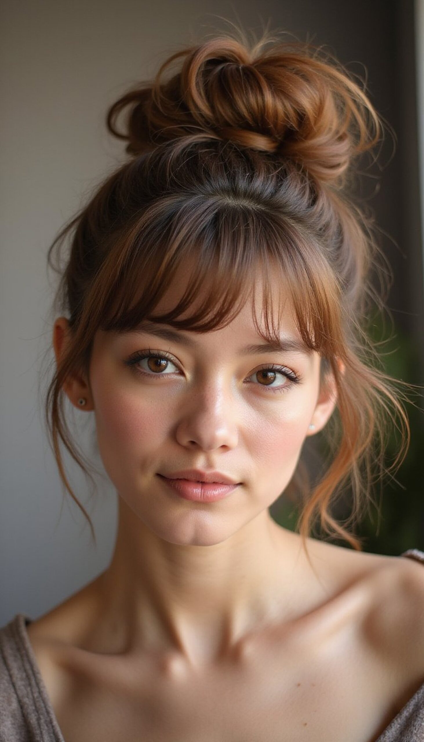 Tousled Top Knot With Wispy Bangs