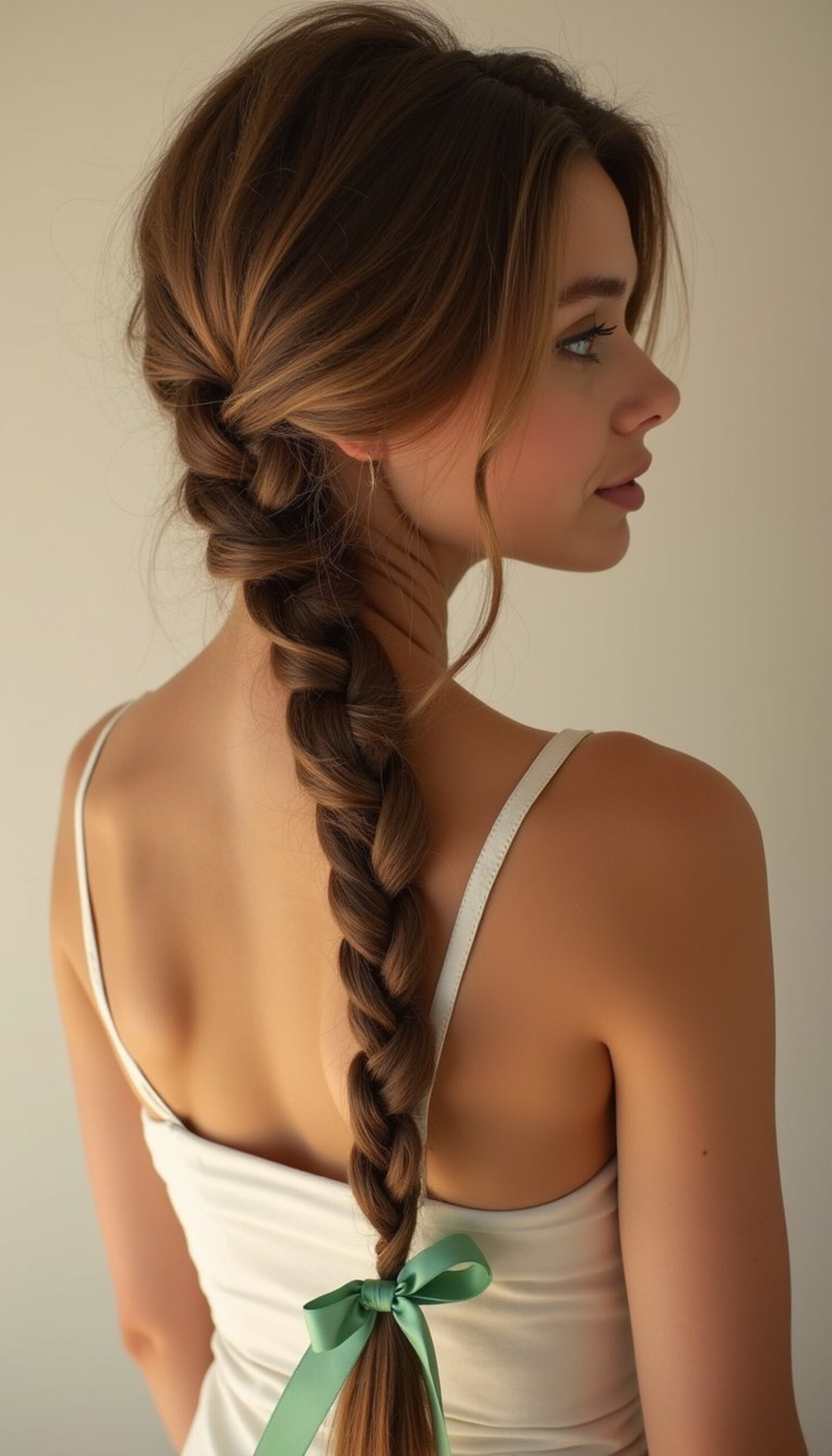 Fishtail Braid Wrapped In Green Ribbon