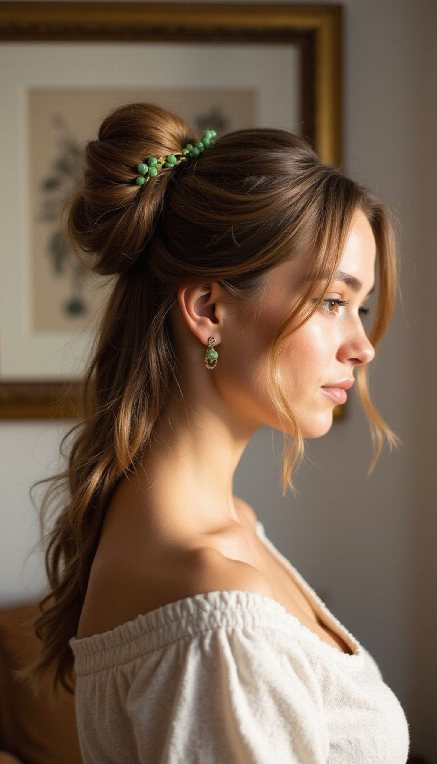 Half-Up Knotted Bun With Green Beads