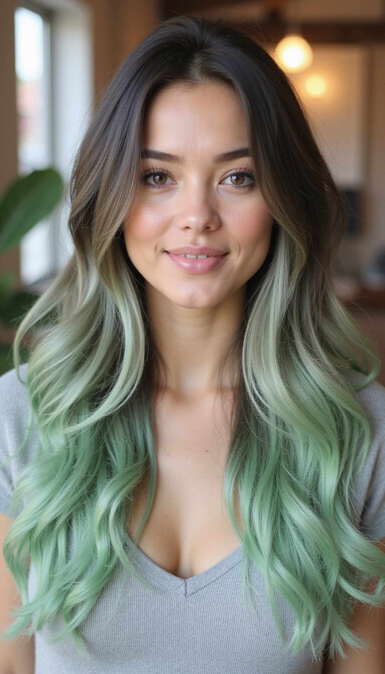 Long Layers With Subtle Green Ombre Tips