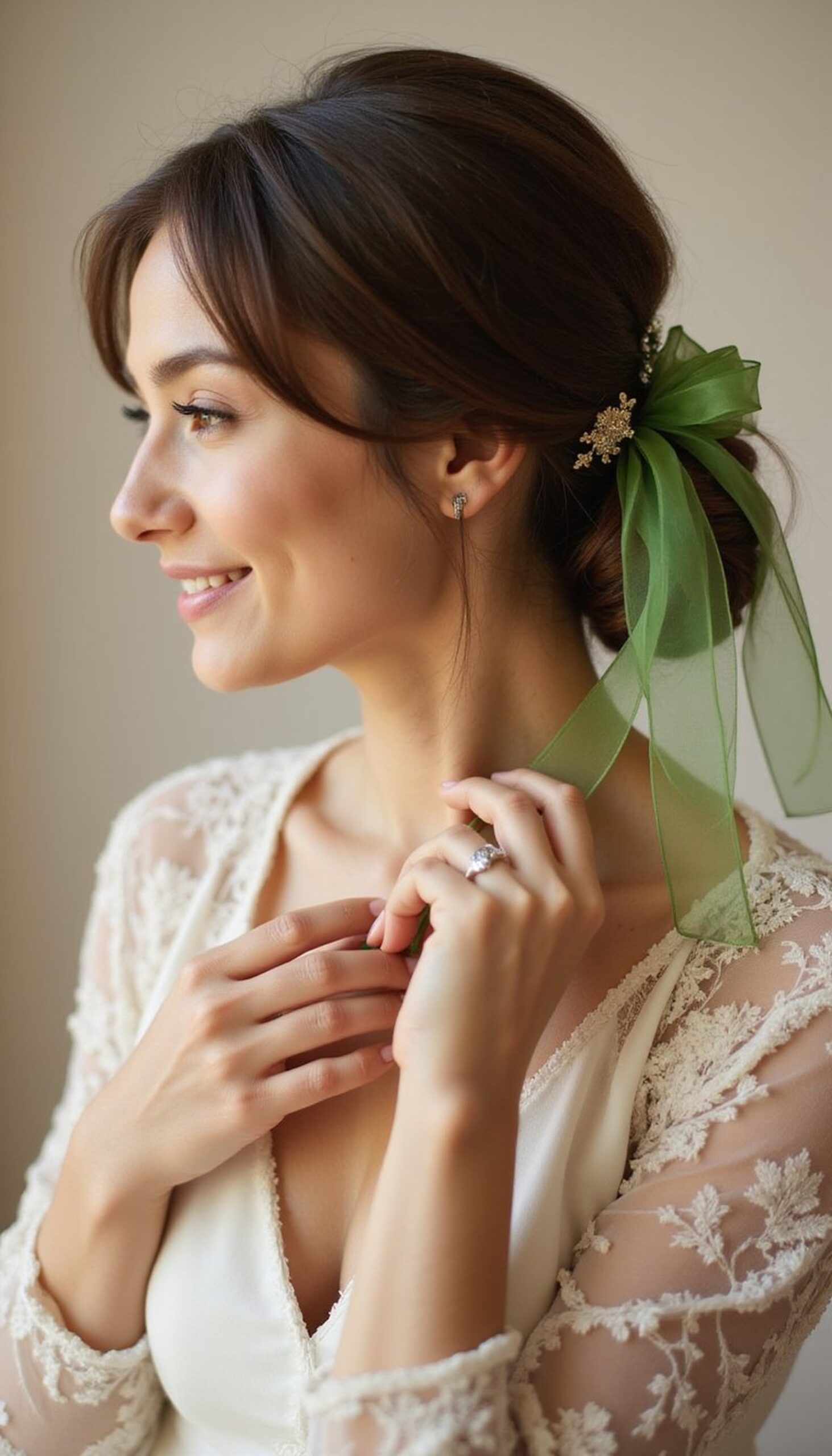 Low Chignon Dressed With Green Veil Ribbon