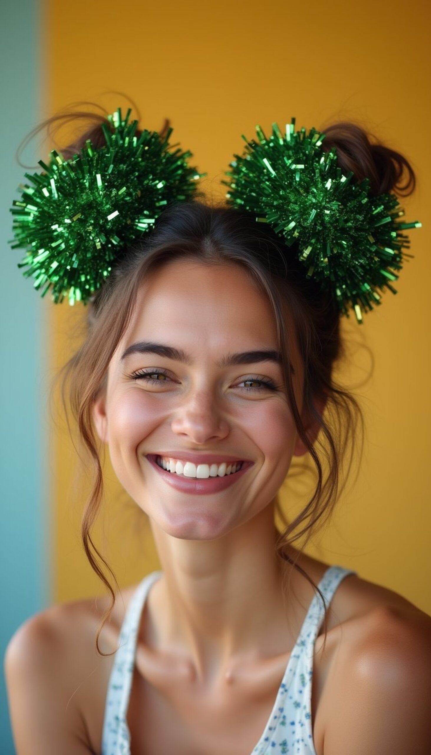 Playful Space Buns With Green Tinsel