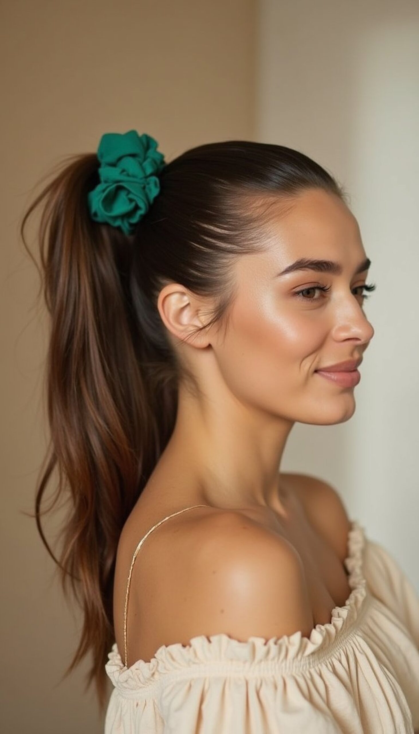 Sleek Ponytail With Green Scrunchie Accent