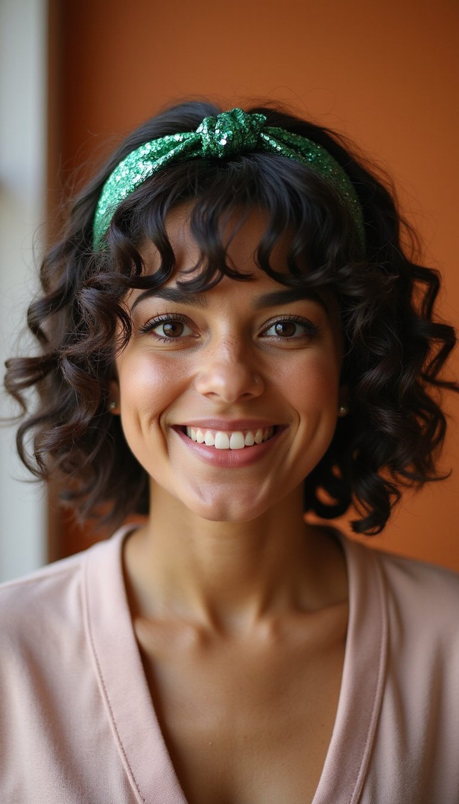 Tight Ringlet Bob With Green Sequin Headband