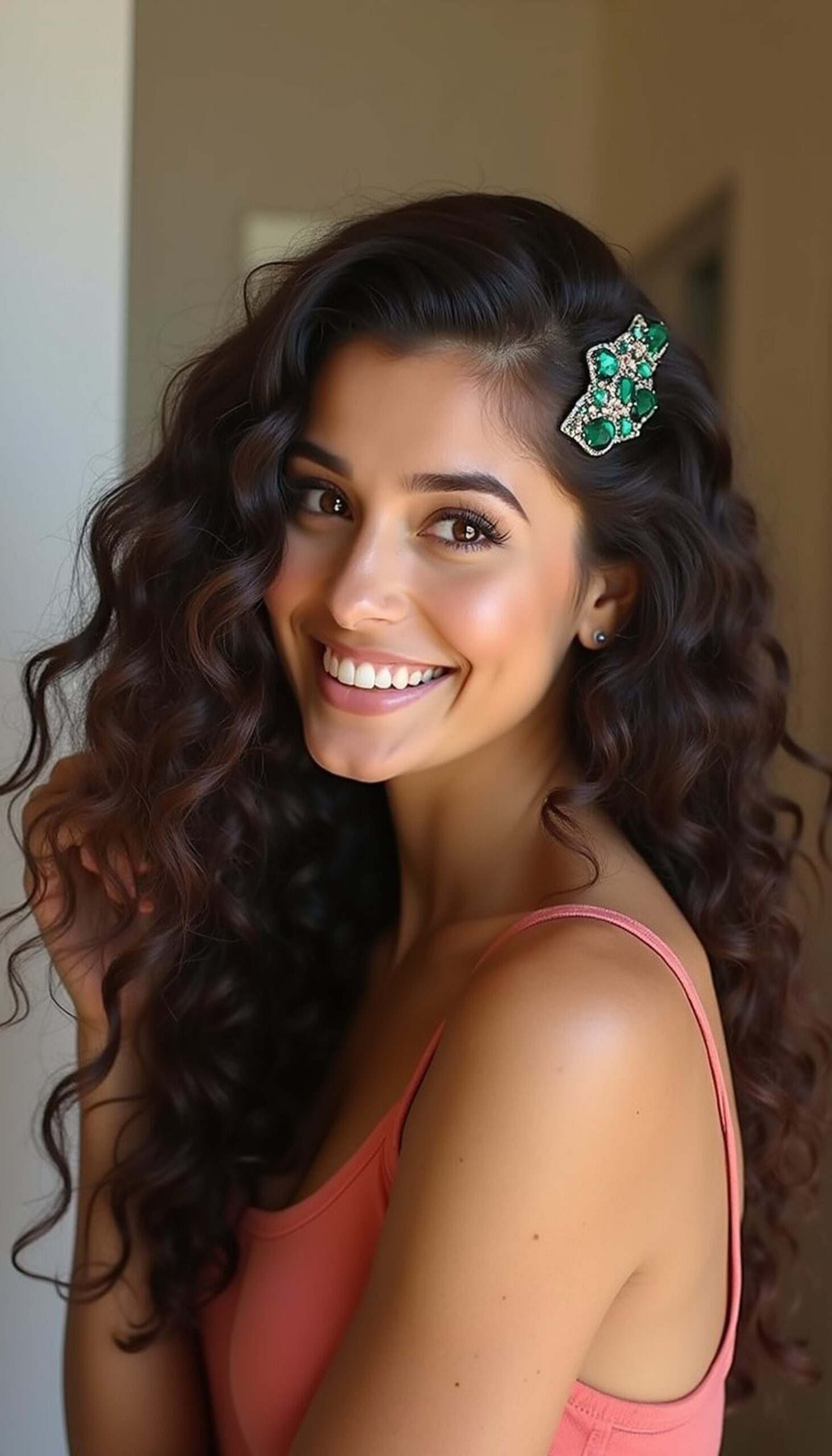 Voluminous Curls With Emerald Hair Clips