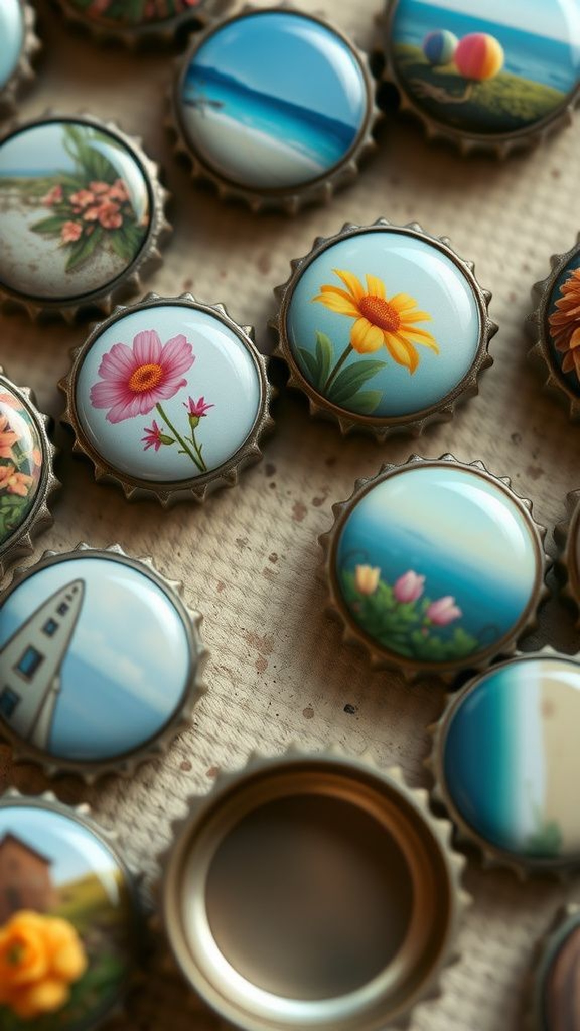 Bottle cap magnets recalling seaside memories